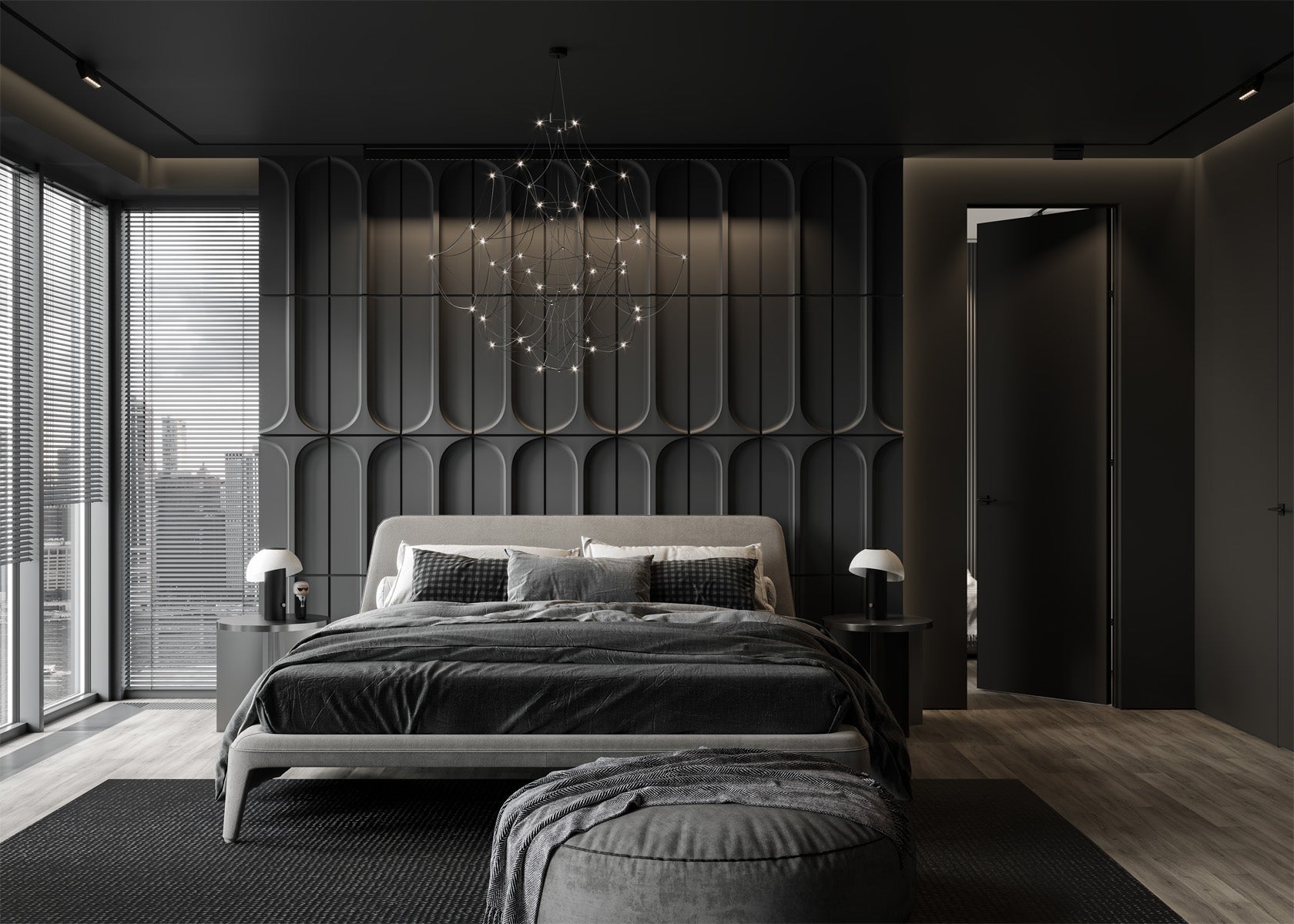 Modern bedroom with grey door