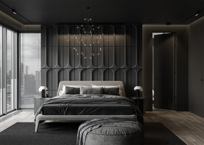 Modern bedroom with grey door