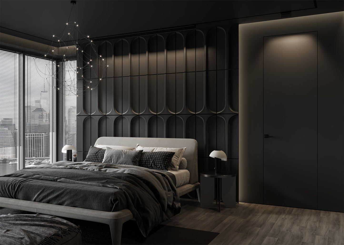 Modern bedroom with dark door