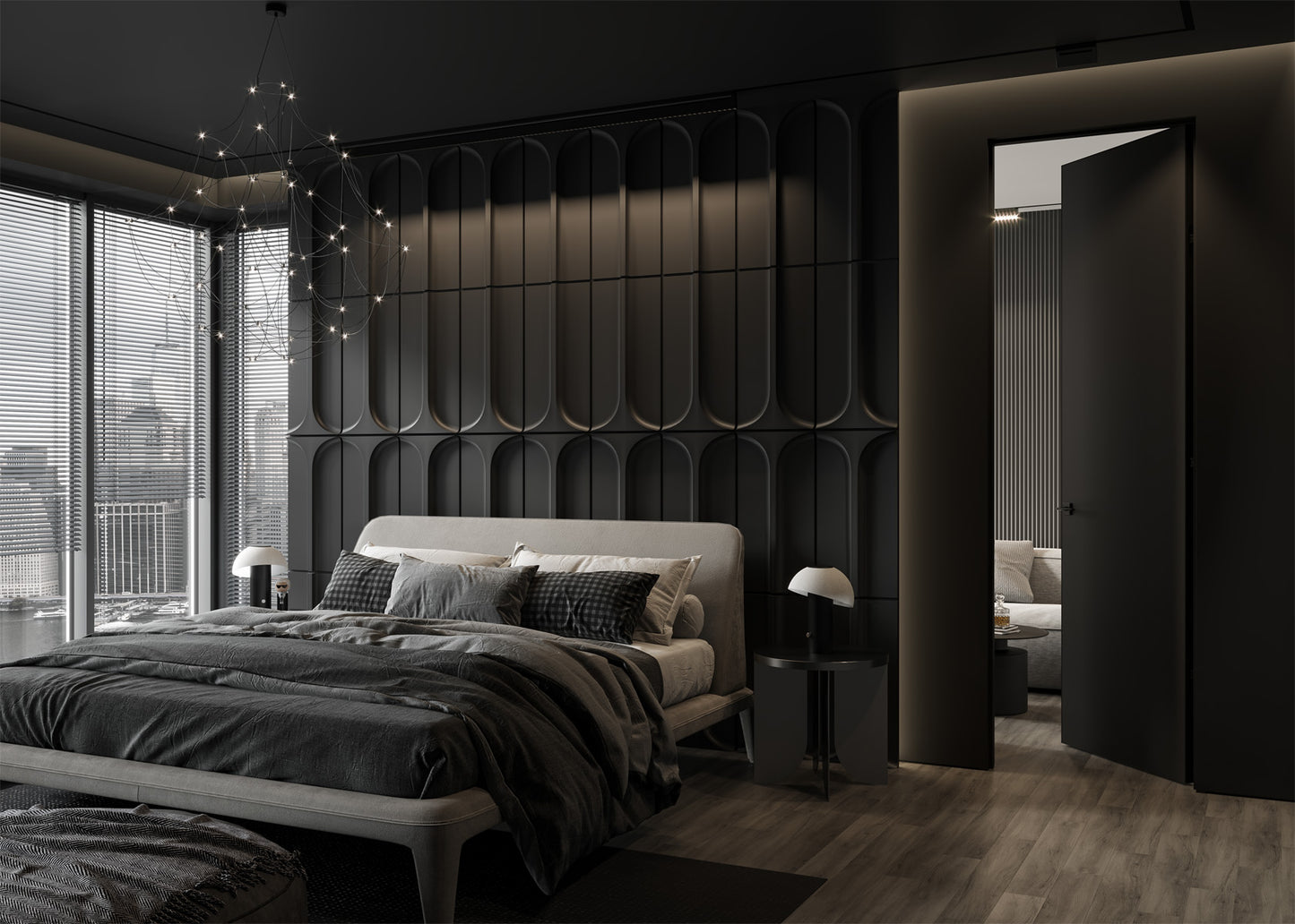 Modern bedroom with dark walls, bed, and decor