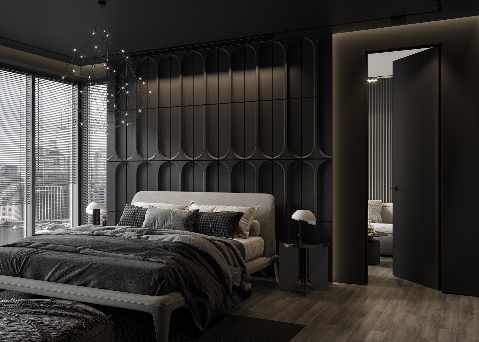 Modern bedroom with dark walls, bed, and decor