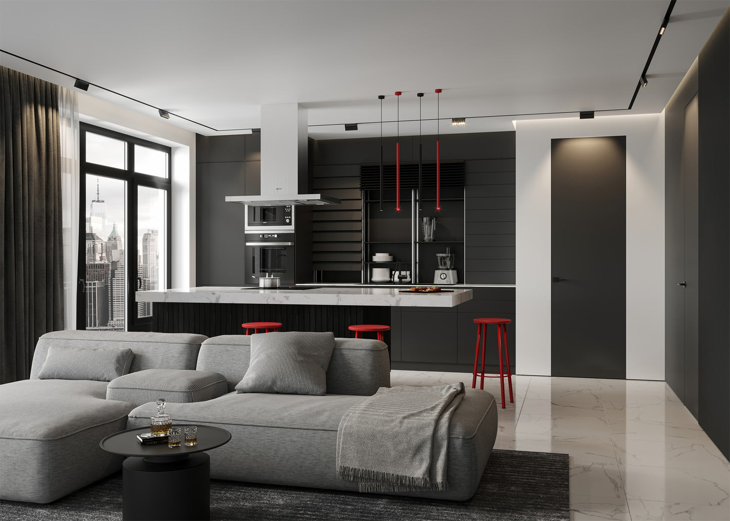 Modern living room with a gray door