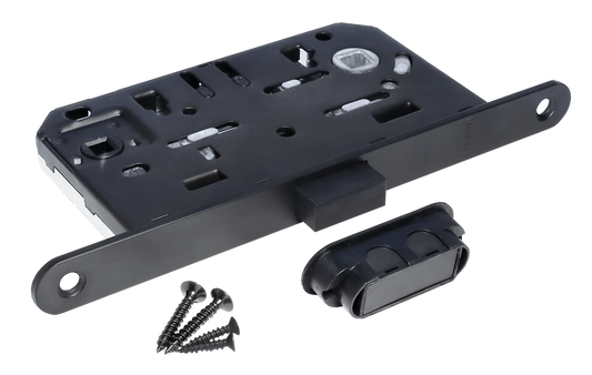 Black door lock mechanism with four screws and a small black plastic cover