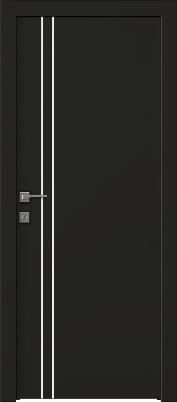 Black door with two vertical white stripes, a silver handle, and a lock