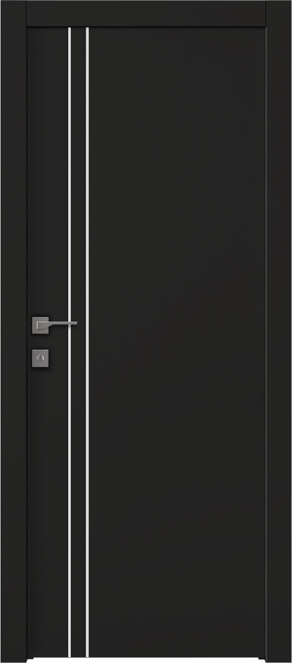 Black door with two vertical white stripes, a silver handle, and a lock
