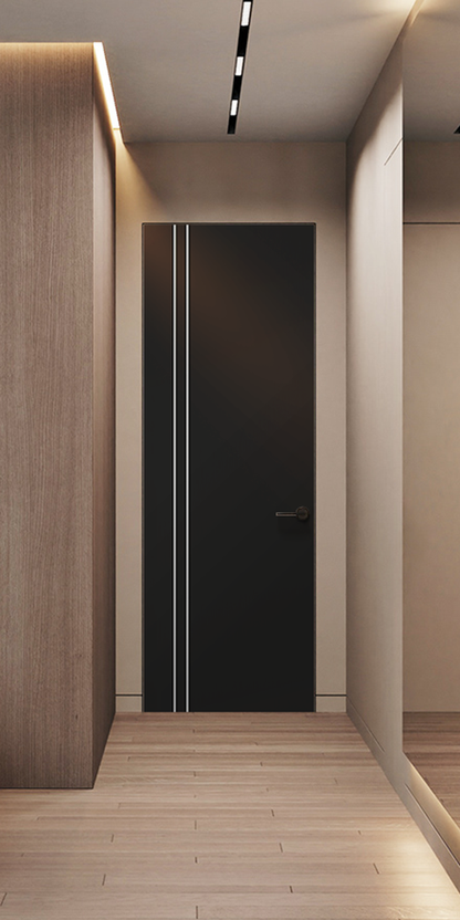 Black door with two vertical white stripes in a modern hallway with wood paneling and light wood floor