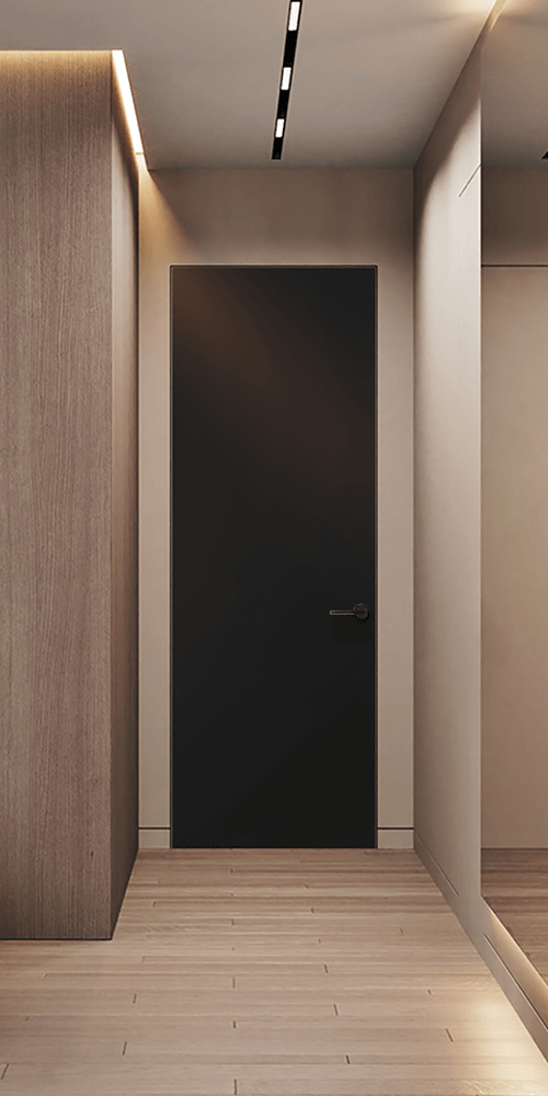 Hallway with light wood flooring, a dark brown door, and recessed lighting in the ceiling