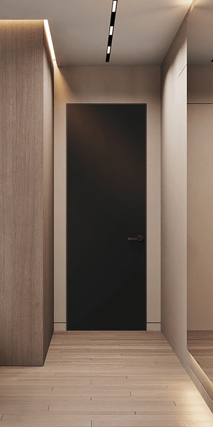 Hallway with light wood flooring, a dark brown door, and recessed lighting in the ceiling