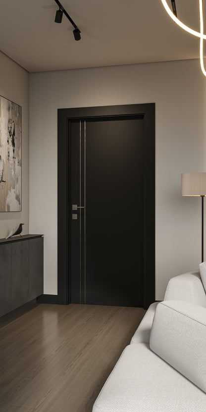 Black interior door with two vertical silver lines and a silver handle