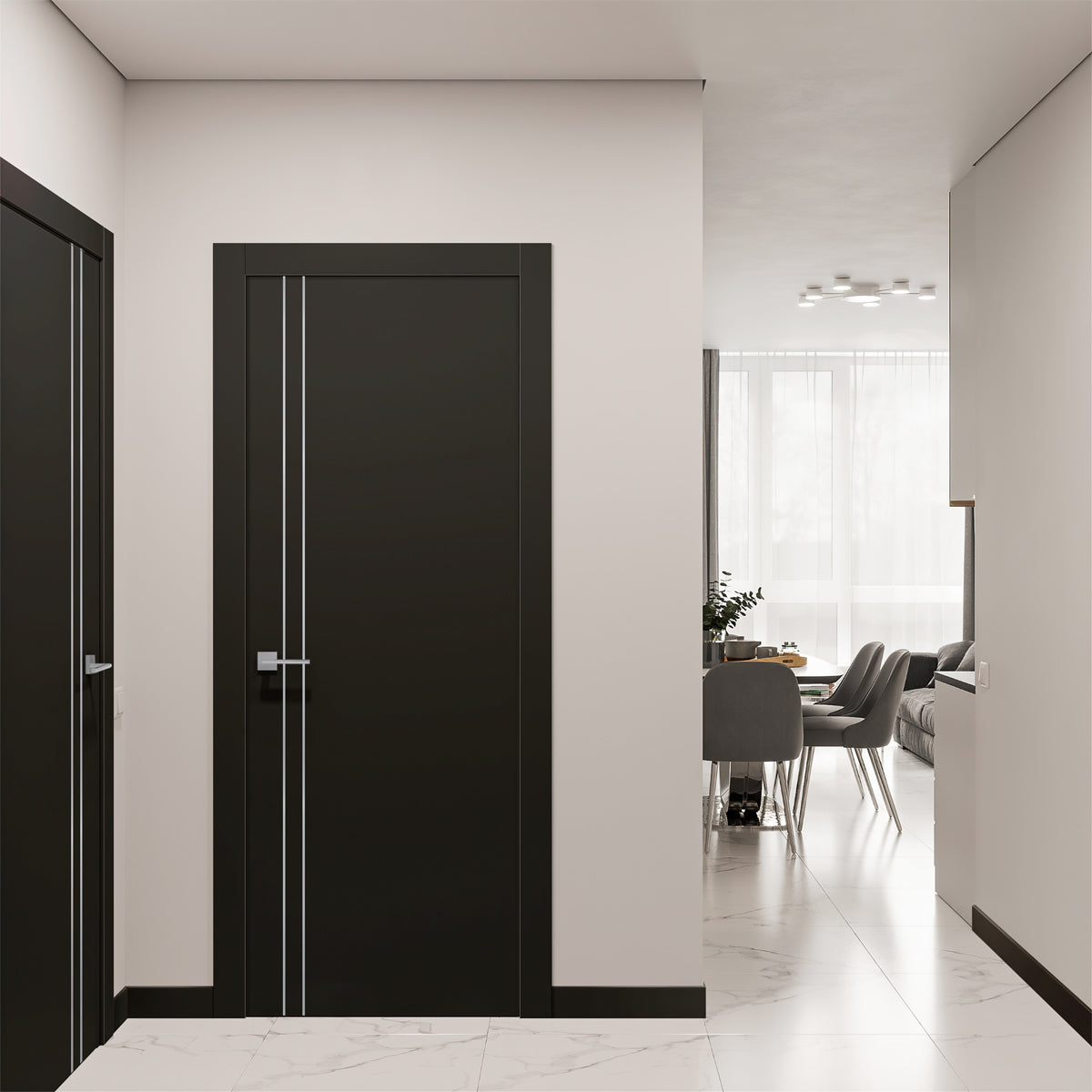 Black interior doors with silver accents in a modern hallway leading to a dining area