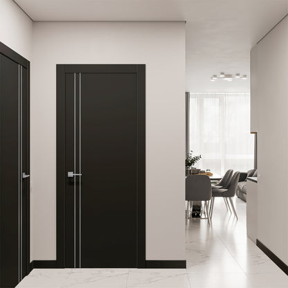 Black interior doors with silver accents in a modern hallway leading to a dining area