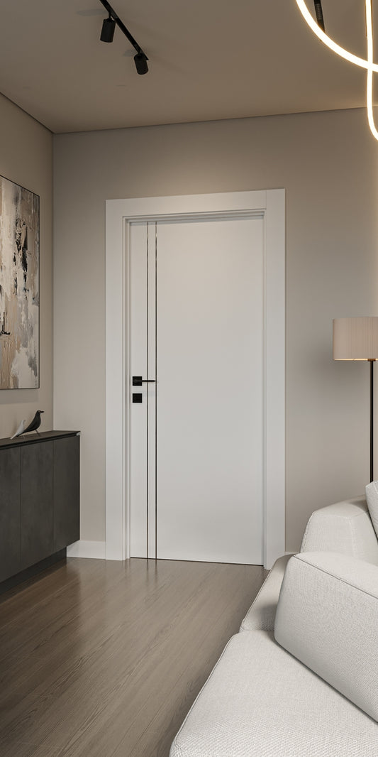 White interior door with black handle and vertical black lines, next to a grey cabinet and a white sofa