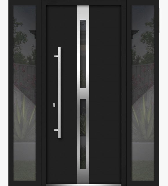 Front Exterior Prehung Steel Door / Deux 1755 Black Enamel / 2 Side Exterior Windows / Stainless Inserts Single Modern Painted-W16+36+16" x H80"-Right-hand Inswing