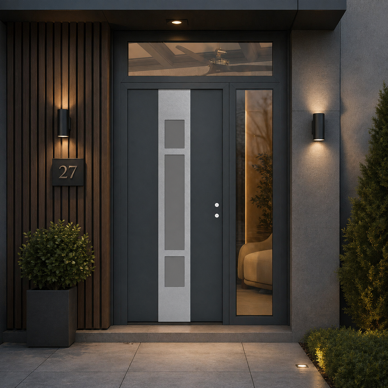 Modern black exterior front door with frosted glass, sidelight, and stone entry facade