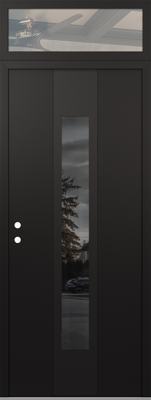 Modern Steel Front Door DIAMOND A1 36" X 96" BLACK/BLACK MIRRORED GLASS PANEL BLACK RHI WITH TRANSOM CLEAR GLASS