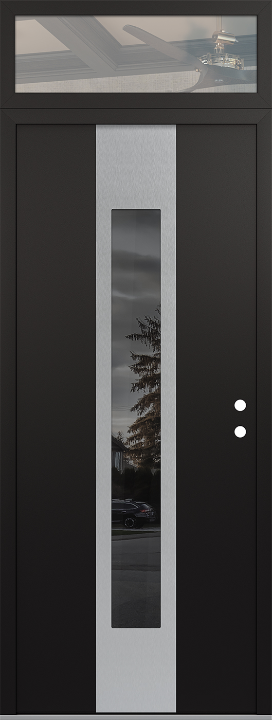 Modern Steel Front Door DIAMOND A1 36" X 96" BLACK/BLACK MIRRORED GLASS PANEL STAINLESS STEEL LHI WITH TRANSOM CLEAR GLASS