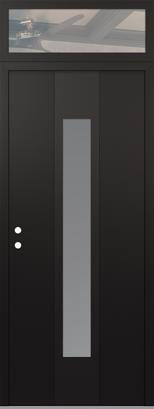 Modern Steel Front Door DIAMOND A1 36" X 96" BLACK/WHITE FROSTED GLASS PANEL BLACK RHI WITH TRANSOM CLEAR GLASS