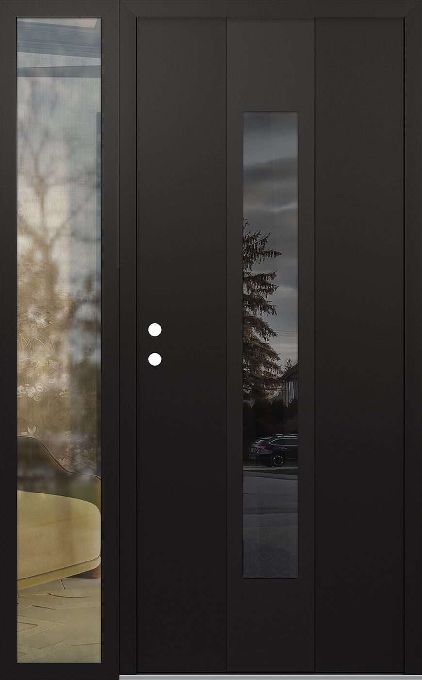 Modern Steel Front Door DIAMOND A1 48" X 80" BLACK/BLACK MIRRORED GLASS PANEL BLACK RHI WITH SIDELITE CLEAR GLASS