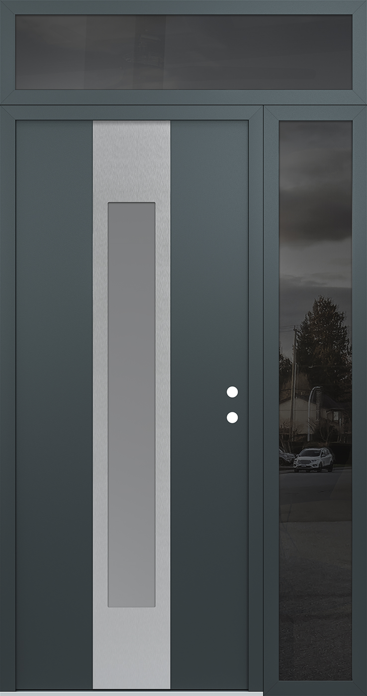 Modern Steel Front Door DIAMOND A1 48" X 96" ANTHRACITE/ANTHRACITE FROSTED GLASS PANEL STAINLESS STEEL LHI WITH SIDELITE AND TRANSOM MIRRORED GLASS