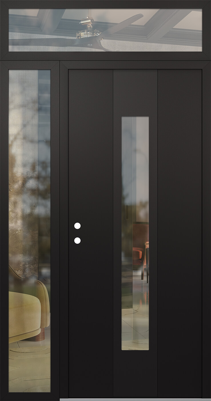 Modern Steel Front Door DIAMOND A1 48" X 96" BLACK/BLACK CLEAR GLASS PANEL BLACK RHI WITH SIDELITE AND TRANSOM CLEAR GLASS