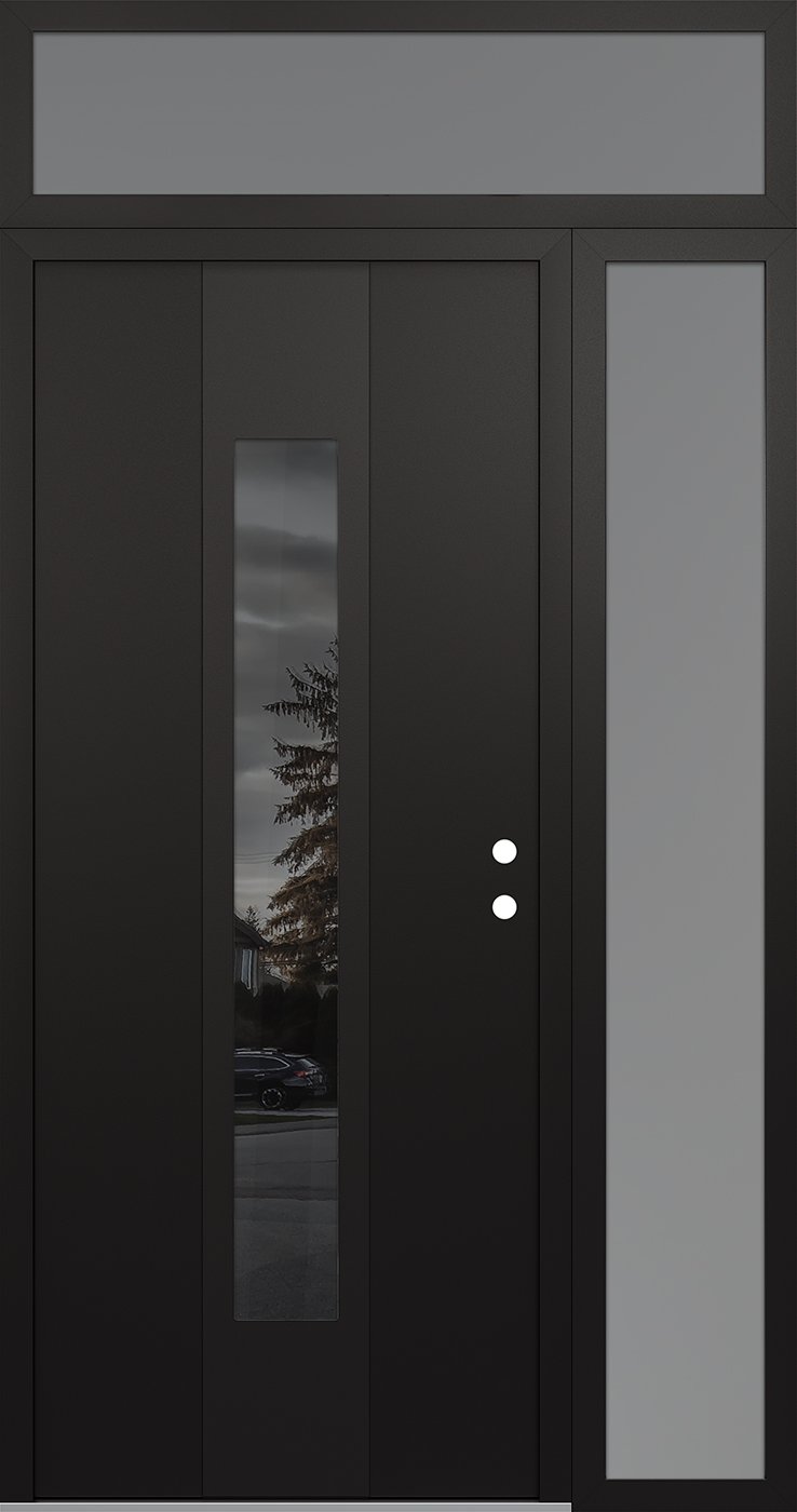 Modern Steel Front Door DIAMOND A1 48" X 96" BLACK/BLACK MIRRORED GLASS PANEL BLACK LHI WITH SIDELITE AND TRANSOM FROSTED GLASS