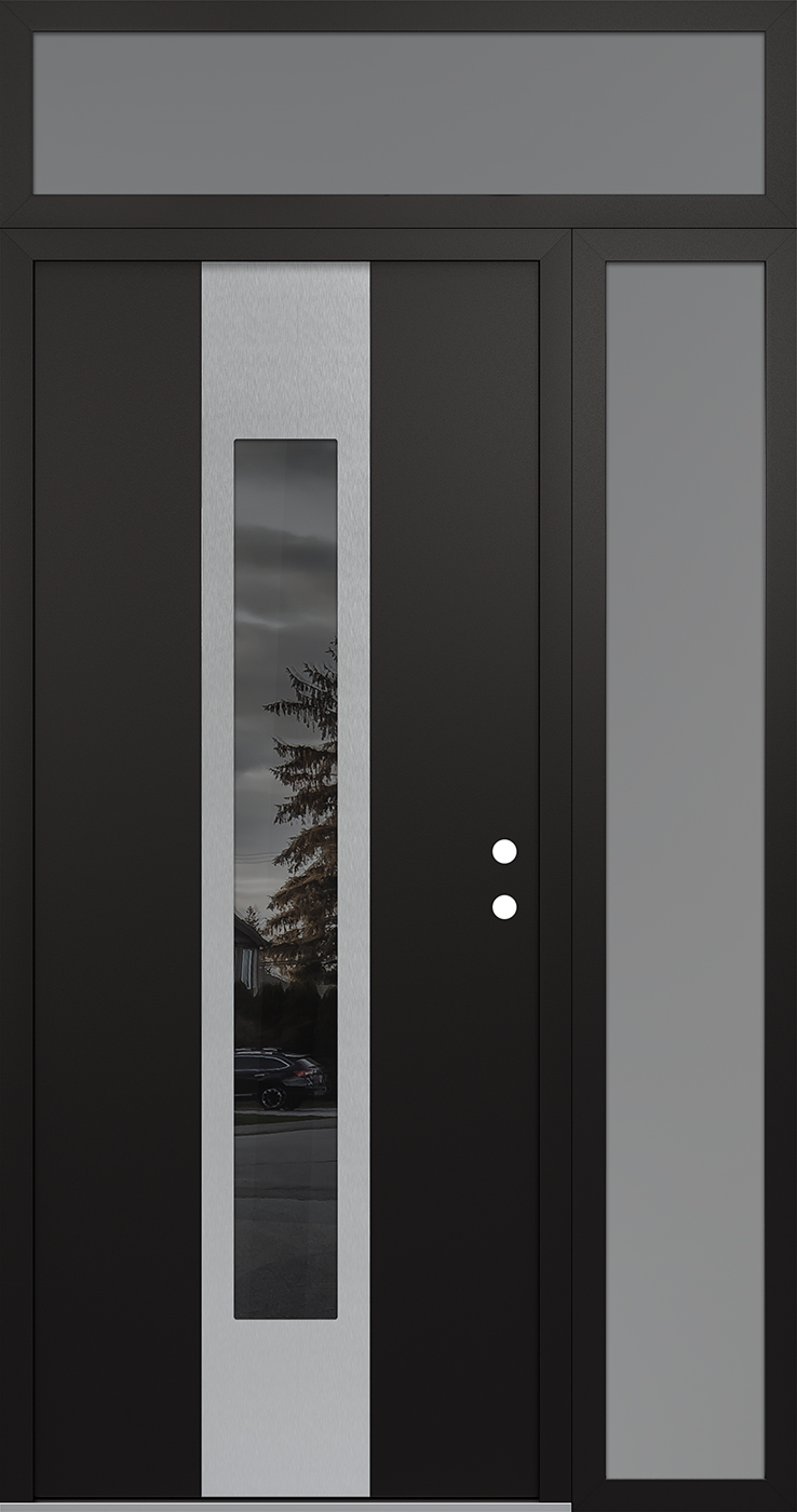 Modern Steel Front Door DIAMOND A1 48" X 96" BLACK/BLACK MIRRORED GLASS PANEL STAINLESS STEEL LHI WITH SIDELITE AND TRANSOM FROSTED GLASS