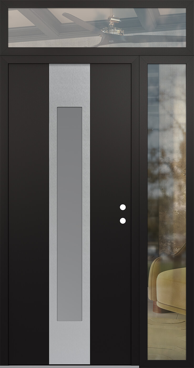 Modern Steel Front Door DIAMOND A1 48" X 96" BLACK/WHITE FROSTED GLASS PANEL STAINLESS STEEL LHI WITH SIDELITE AND TRANSOM CLEAR GLASS