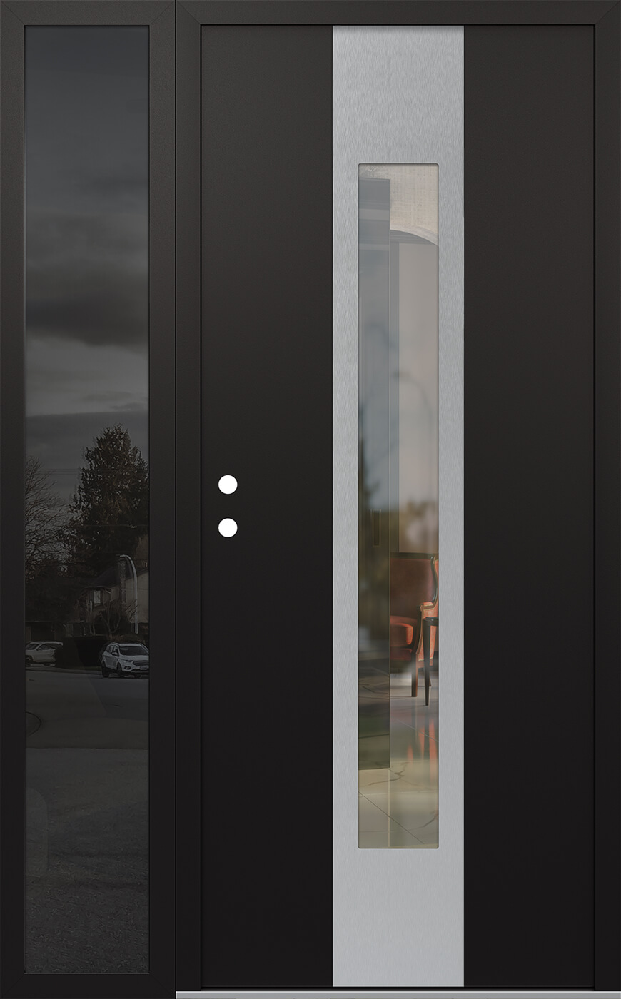 Modern Steel Front Door DIAMOND A1 50" X 80" BLACK/BLACK CLEAR GLASS PANEL STAINLESS STEEL RHI WITH SIDELITE MIRRORED GLASS