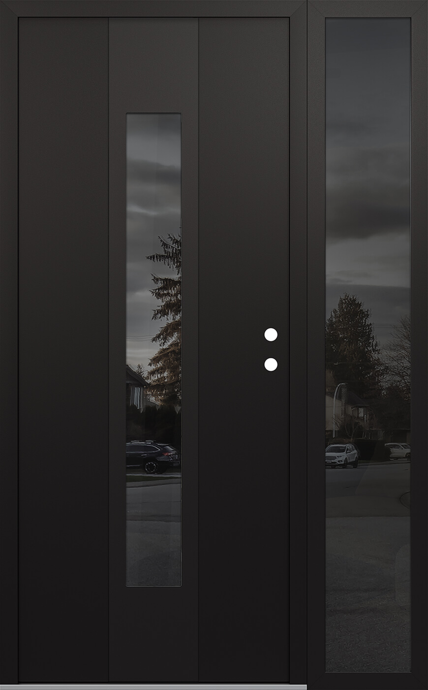 Modern Steel Front Door DIAMOND A1 50" X 80" BLACK/BLACK MIRRORED GLASS PANEL BLACK LHI WITH SIDELITE MIRRORED GLASS