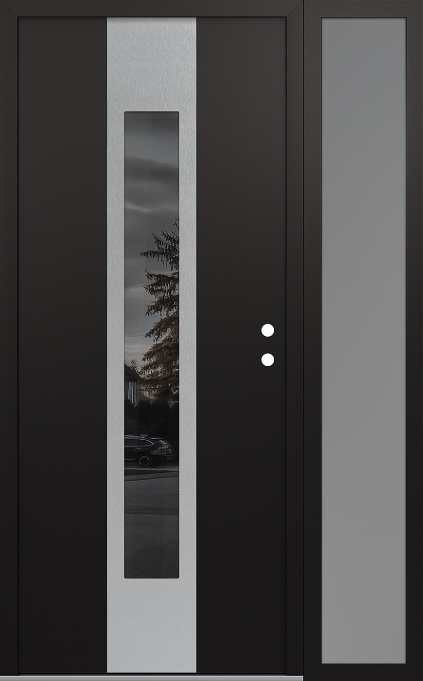 Modern Steel Front Door DIAMOND A1 50" X 80" BLACK/BLACK MIRRORED GLASS PANEL STAINLESS STEEL LHI WITH SIDELITE FROSTED GLASS