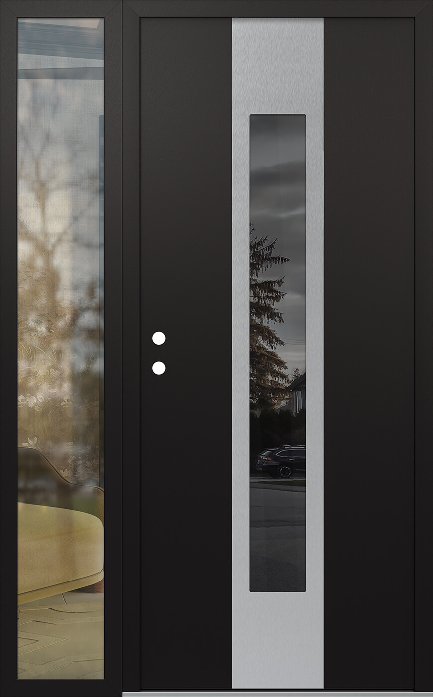 Modern Steel Front Door DIAMOND A1 50" X 80" BLACK/BLACK MIRRORED GLASS PANEL STAINLESS STEEL RHI WITH SIDELITE CLEAR GLASS
