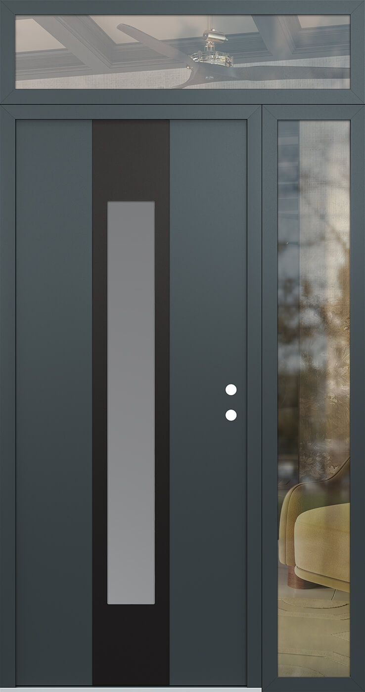 Modern Steel Front Door DIAMOND A1 50" X 96" ANTHRACITE/ANTHRACITE FROSTED GLASS PANEL BLACK LHI WITH SIDELITE AND TRANSOM CLEAR GLASS