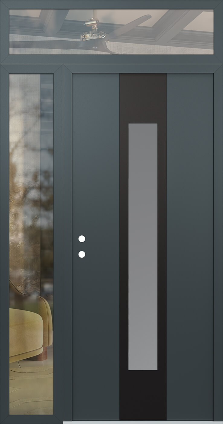 Modern Steel Front Door DIAMOND A1 50" X 96" ANTHRACITE/ANTHRACITE FROSTED GLASS PANEL BLACK RHI WITH SIDELITE AND TRANSOM CLEAR GLASS