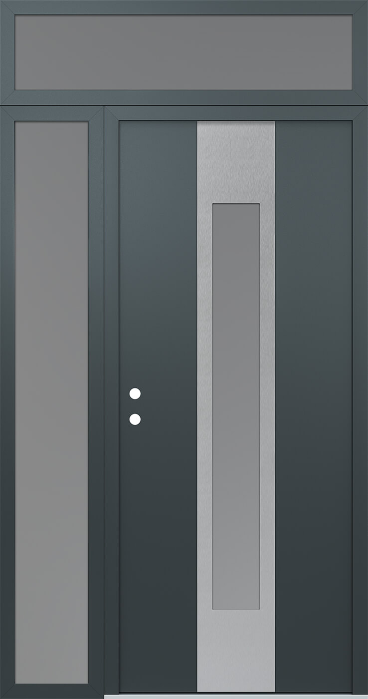 Modern Steel Front Door DIAMOND A1 50" X 96" ANTHRACITE/ANTHRACITE FROSTED GLASS PANEL STAINLESS STEEL RHI WITH SIDELITE AND TRANSOM FROSTED GLASS