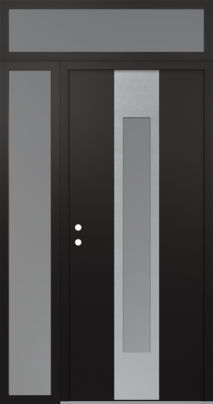 Modern Steel Front Door DIAMOND A1 50" X 96" BLACK/WHITE FROSTED GLASS PANEL STAINLESS STEEL RHI WITH SIDELITE AND TRANSOM FROSTED GLASS