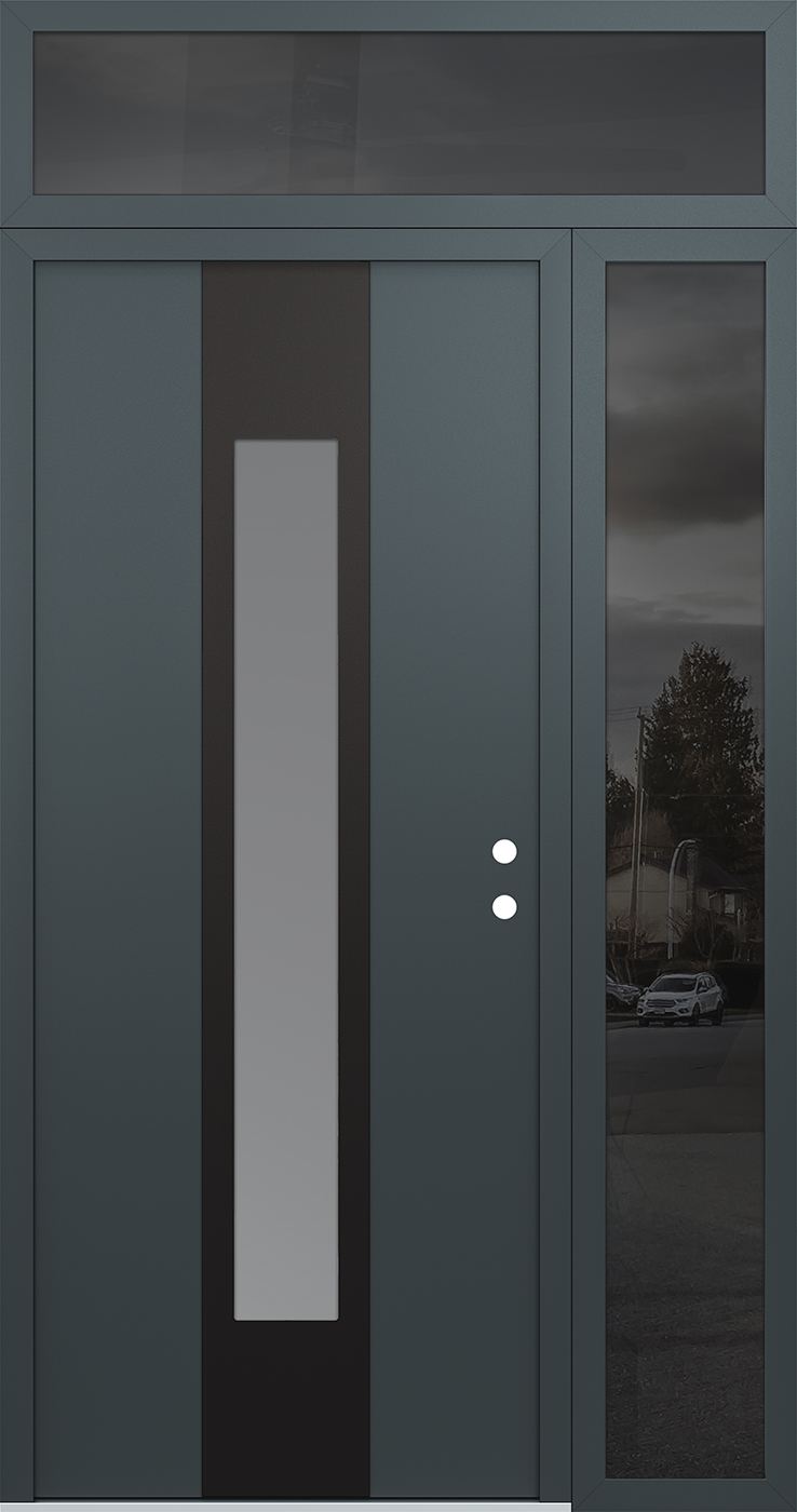 Modern Steel Front Door DIAMOND A1 52" X 96" ANTHRACITE/ANTHRACITE FROSTED GLASS PANEL BLACK LHI WITH SIDELITE AND TRANSOM MIRRORED GLASS