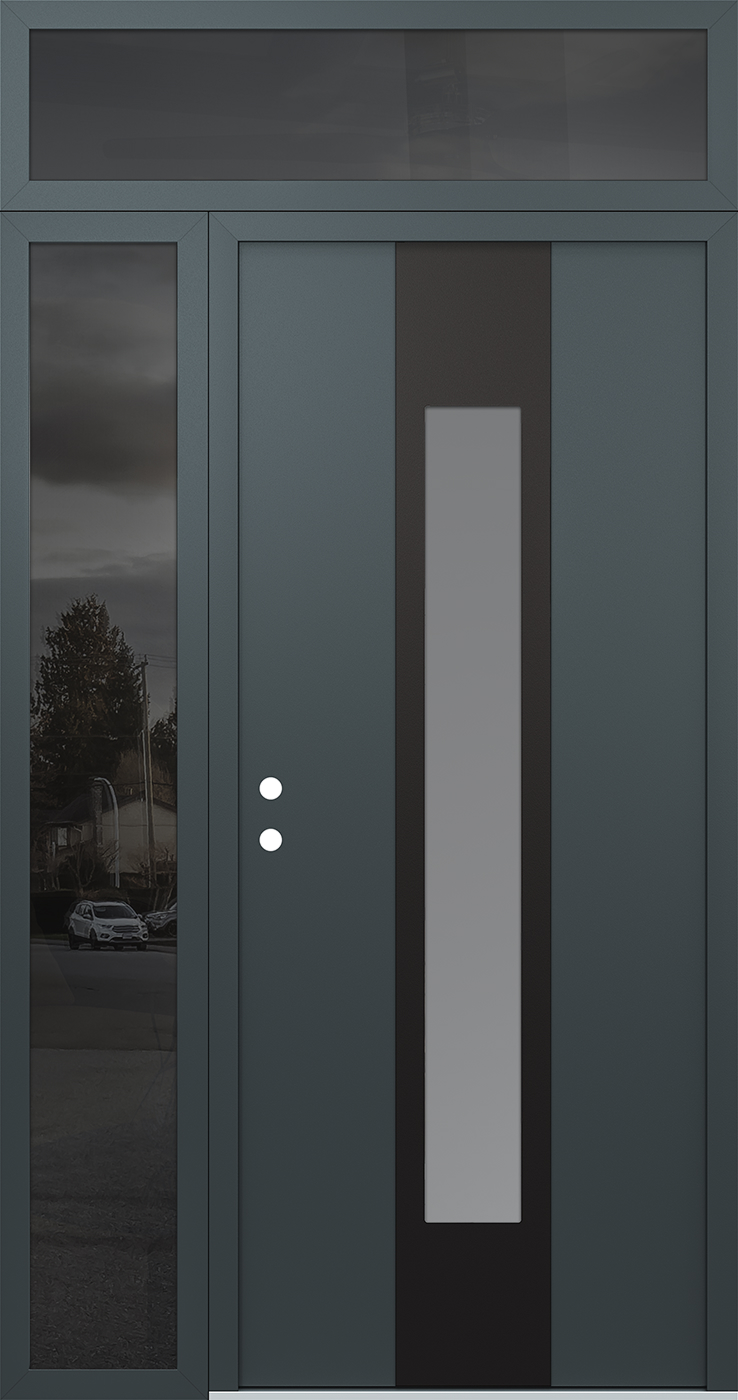 Modern Steel Front Door DIAMOND A1 52" X 96" ANTHRACITE/ANTHRACITE FROSTED GLASS PANEL BLACK RHI WITH SIDELITE AND TRANSOM MIRRORED GLASS