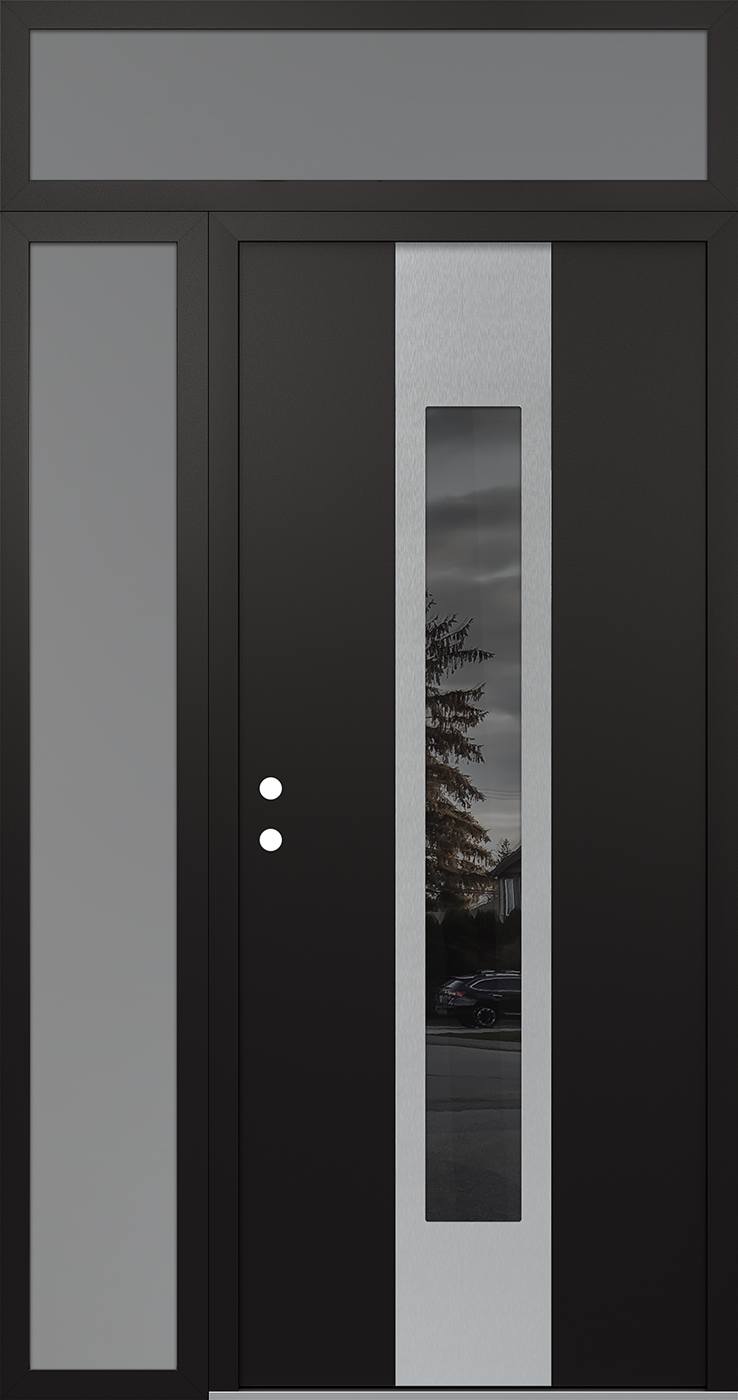 Modern Steel Front Door DIAMOND A1 52" X 96" BLACK/BLACK MIRRORED GLASS PANEL STAINLESS STEEL RHI WITH SIDELITE AND TRANSOM FROSTED GLASS