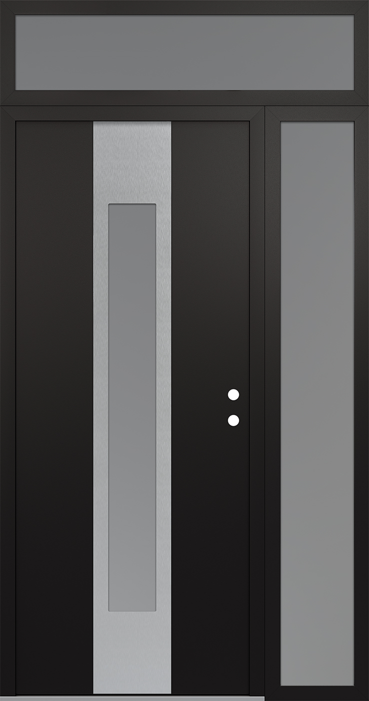 Modern Steel Front Door DIAMOND A1 52" X 96" BLACK/WHITE FROSTED GLASS PANEL STAINLESS STEEL LHI WITH SIDELITE AND TRANSOM FROSTED GLASS