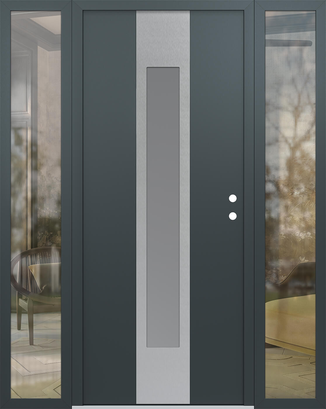 Modern Steel Front Door DIAMOND A1 60" X 80" ANTHRACITE/ANTHRACITE FROSTED GLASS PANEL STAINLESS STEEL LHI WITH 2 SIDELITES CLEAR GLASS