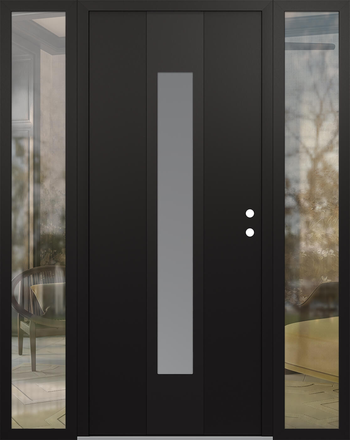 Modern Steel Front Door DIAMOND A1 60" X 80" BLACK/WHITE FROSTED GLASS PANEL BLACK LHI WITH 2 SIDELITES CLEAR GLASS