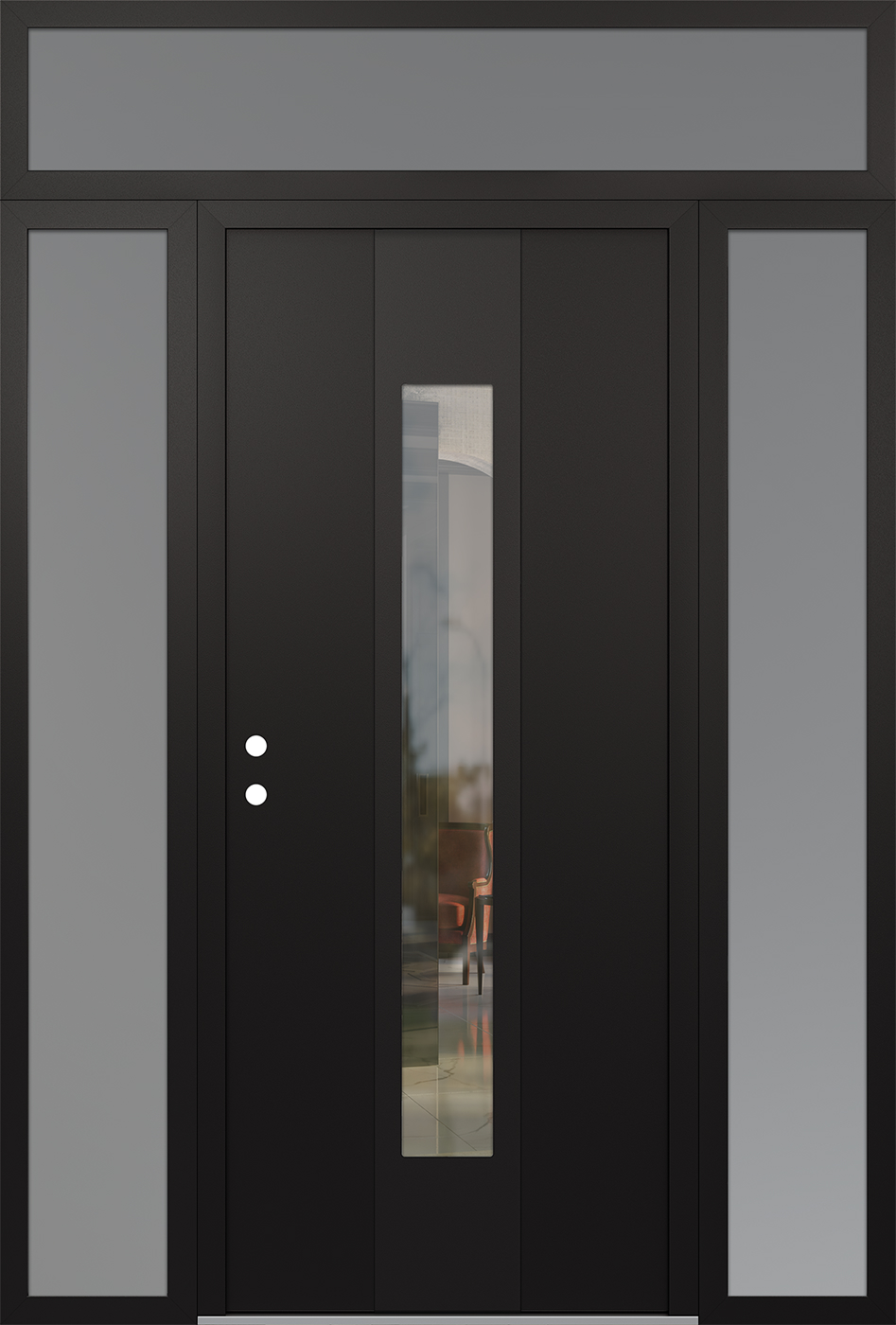 Modern Steel Front Door DIAMOND A1 60" X 96" BLACK/BLACK CLEAR GLASS PANEL BLACK RHI WITH 2 SIDELITES AND TRANSOM FROSTED GLASS
