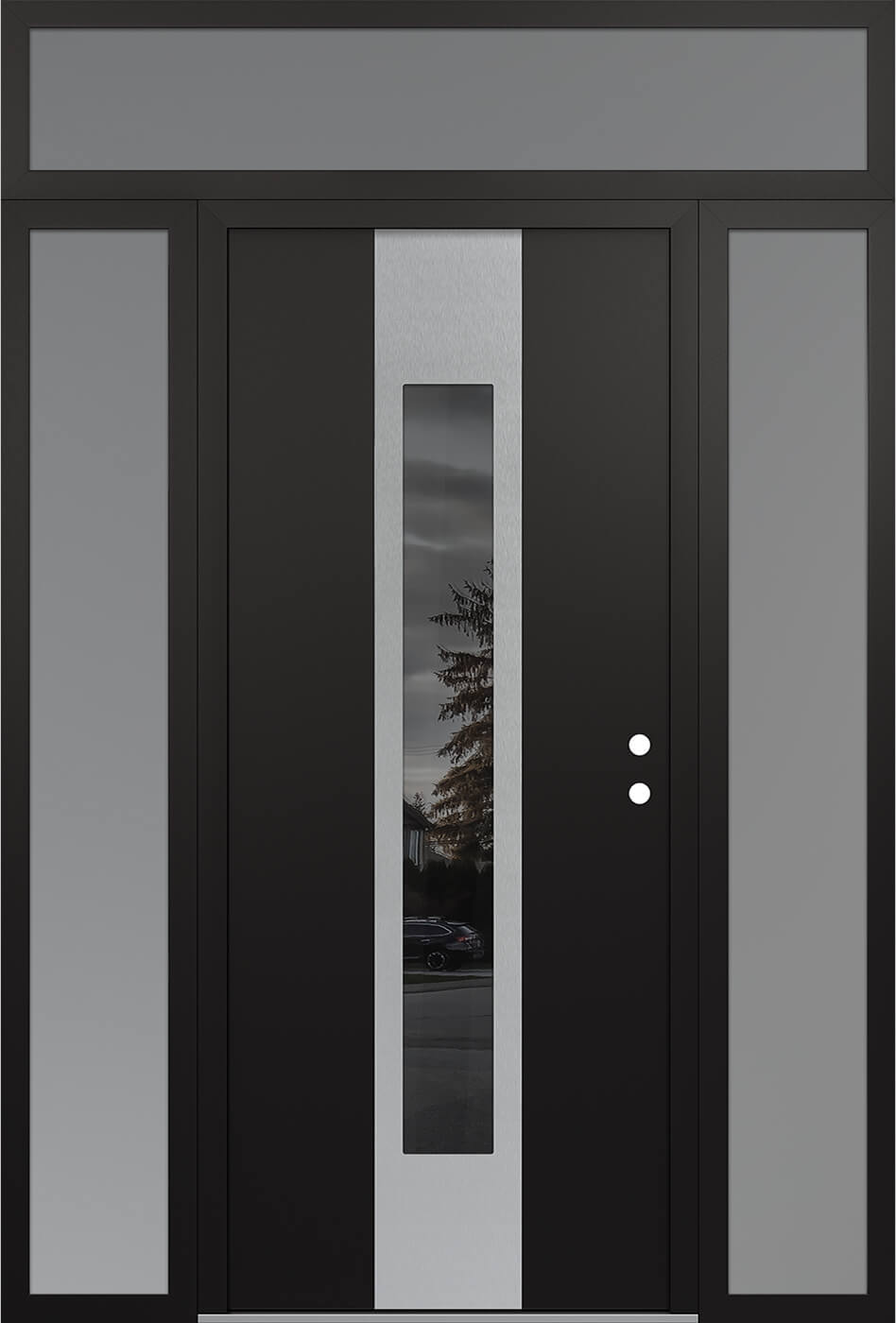 Modern Steel Front Door DIAMOND A1 60" X 96" BLACK/BLACK MIRRORED GLASS PANEL STAINLESS STEEL LHI WITH 2 SIDELITES AND TRANSOM FROSTED GLASS