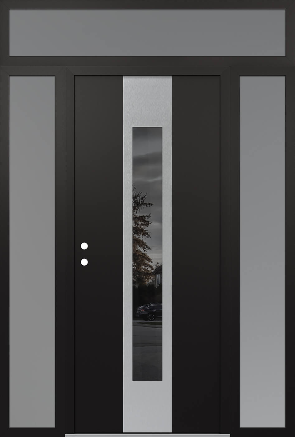 Modern Steel Front Door DIAMOND A1 60" X 96" BLACK/BLACK MIRRORED GLASS PANEL STAINLESS STEEL RHI WITH 2 SIDELITES AND TRANSOM FROSTED GLASS