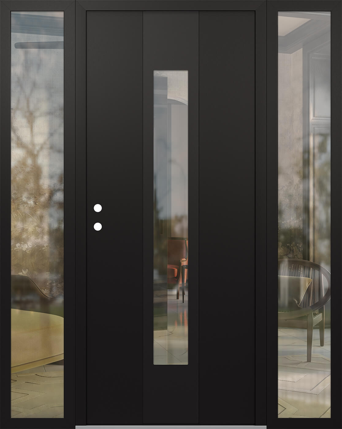 Modern Steel Front Door DIAMOND A1 64" X 80" BLACK/BLACK CLEAR GLASS PANEL BLACK RHI WITH 2 SIDELITES CLEAR GLASS