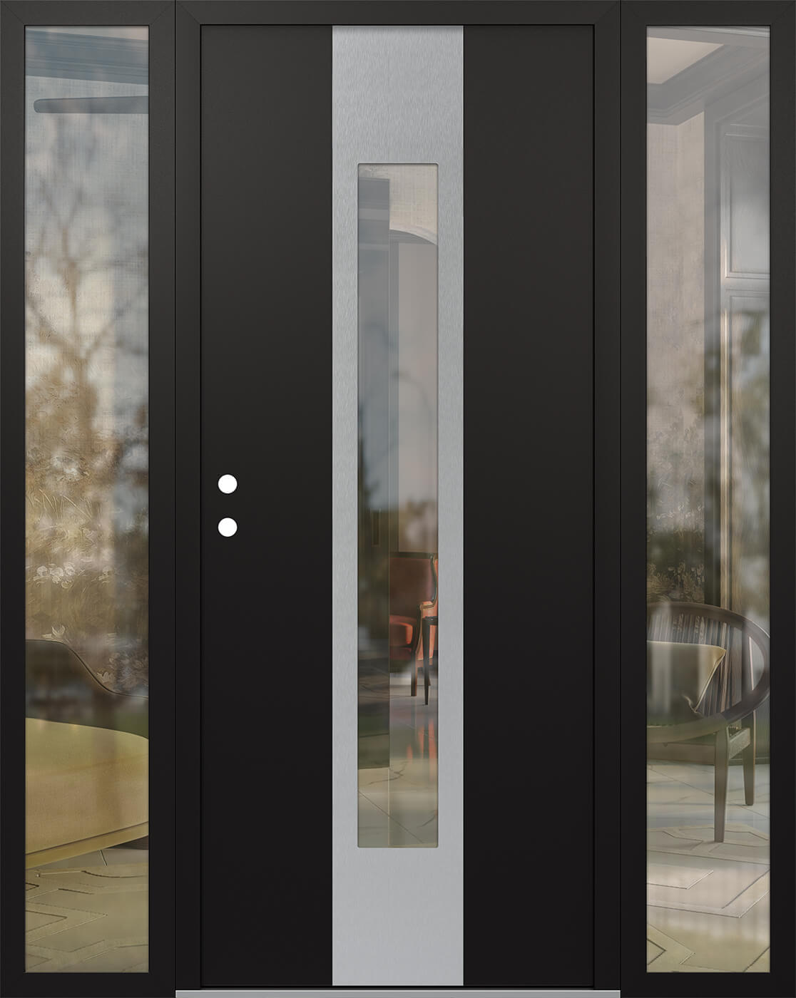 Modern Steel Front Door DIAMOND A1 64" X 80" BLACK/BLACK CLEAR GLASS PANEL STAINLESS STEEL RHI WITH 2 SIDELITES CLEAR GLASS