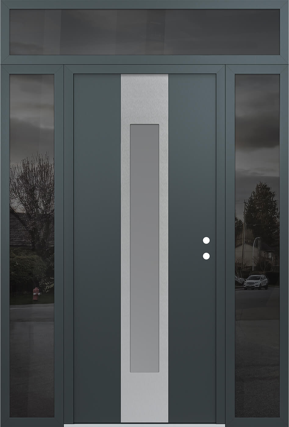 Modern Steel Front Door DIAMOND A1 64" X 96" ANTHRACITE/ANTHRACITE FROSTED GLASS PANEL STAINLESS STEEL LHI WITH 2 SIDELITES AND TRANSOM MIRRORED GLASS