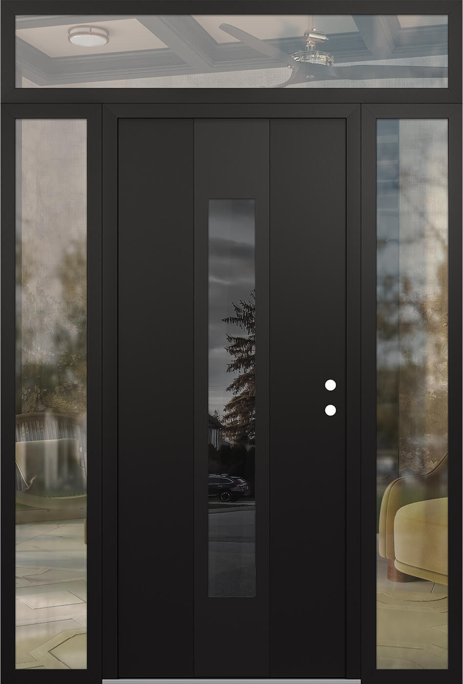 Modern Steel Front Door DIAMOND A1 64" X 96" BLACK/BLACK MIRRORED GLASS PANEL BLACK LHI WITH 2 SIDELITES AND TRANSOM CLEAR GLASS