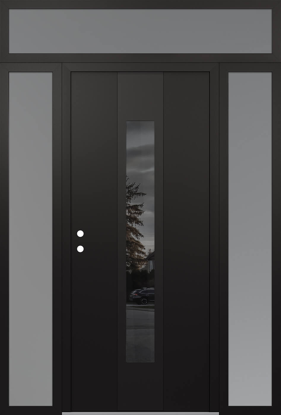 Modern Steel Front Door DIAMOND A1 64" X 96" BLACK/BLACK MIRRORED GLASS PANEL BLACK RHI WITH 2 SIDELITES AND TRANSOM FROSTED GLASS