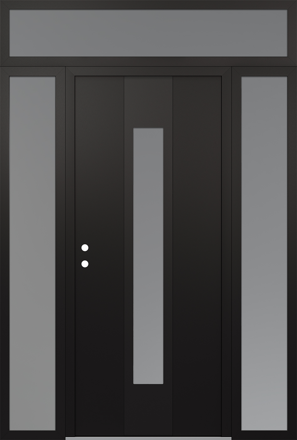 Modern Steel Front Door DIAMOND A1 64" X 96" BLACK/WHITE FROSTED GLASS PANEL BLACK RHI WITH 2 SIDELITES AND TRANSOM FROSTED GLASS